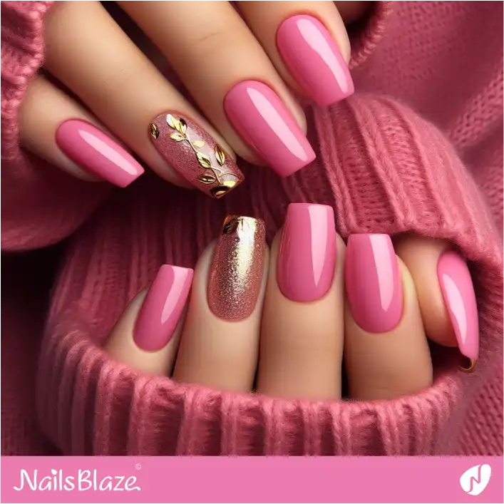 Classy Pink Nails with leaves | Foil Nails - NB4084